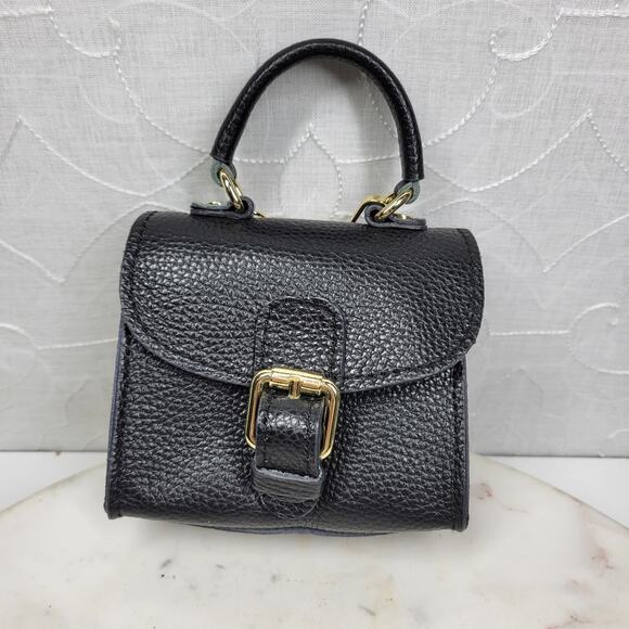Vintage Italian Mini Black Leather Top Handle Bag Gold Buckle Made in Italy - Picture 1 of 16
